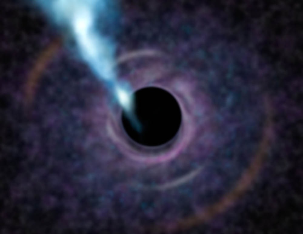 艺术家的概念的未来telescope might see in looking at the black hole at the heart of the galaxy M87. Clumpy gas swirls around the black hole in an accretion disk, feeding the central beast. The black area at center is the black hole...