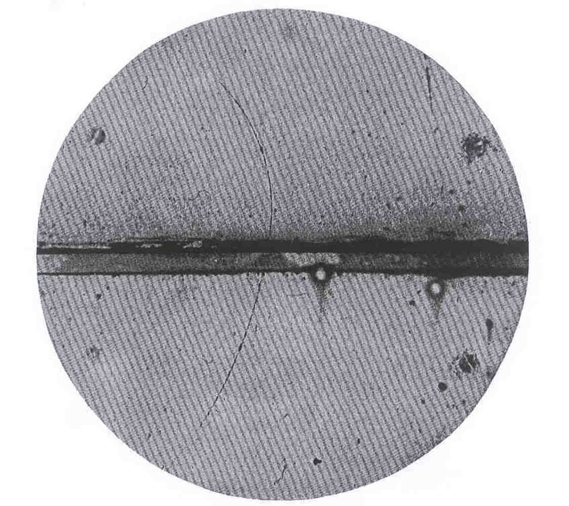 Cloud chamber photograph of the first positron ever observed.