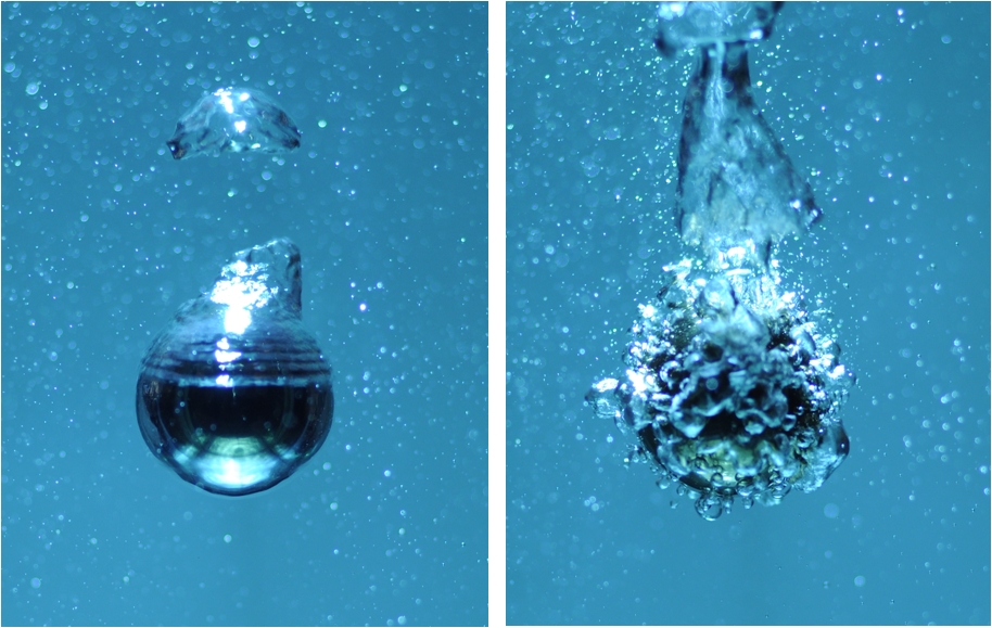 Image of a 2 cm heated steel sphere cooling in boiling water. In the left image the sphere is in the film boiling or Leidenfrost regime wrapped in a vapor layer. In the right image the sphere temperature has fallen and the cooling is switched to...