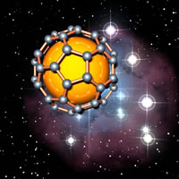 这张梦幻般的图片展示了富勒烯，一种由60个碳原子组成的球形足球状结构。哈里·克罗托爵士(Sir Harry Kroto)因这一发现获得了1996年的诺贝尔奖，开辟了化学的一个全新分支。(图片由Chris ewells提供- www.ewels.info)。