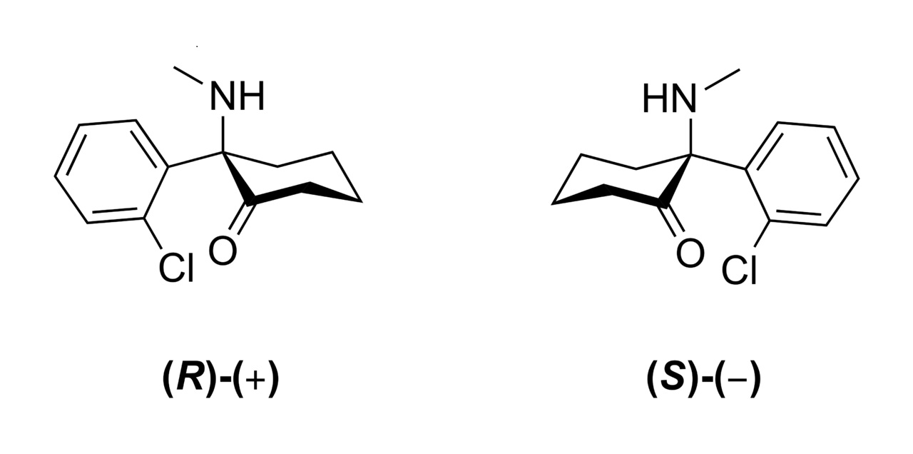 显示氯胺酮分子C13H16ClNO的(R)-和(S)-对映体构象的骨架式