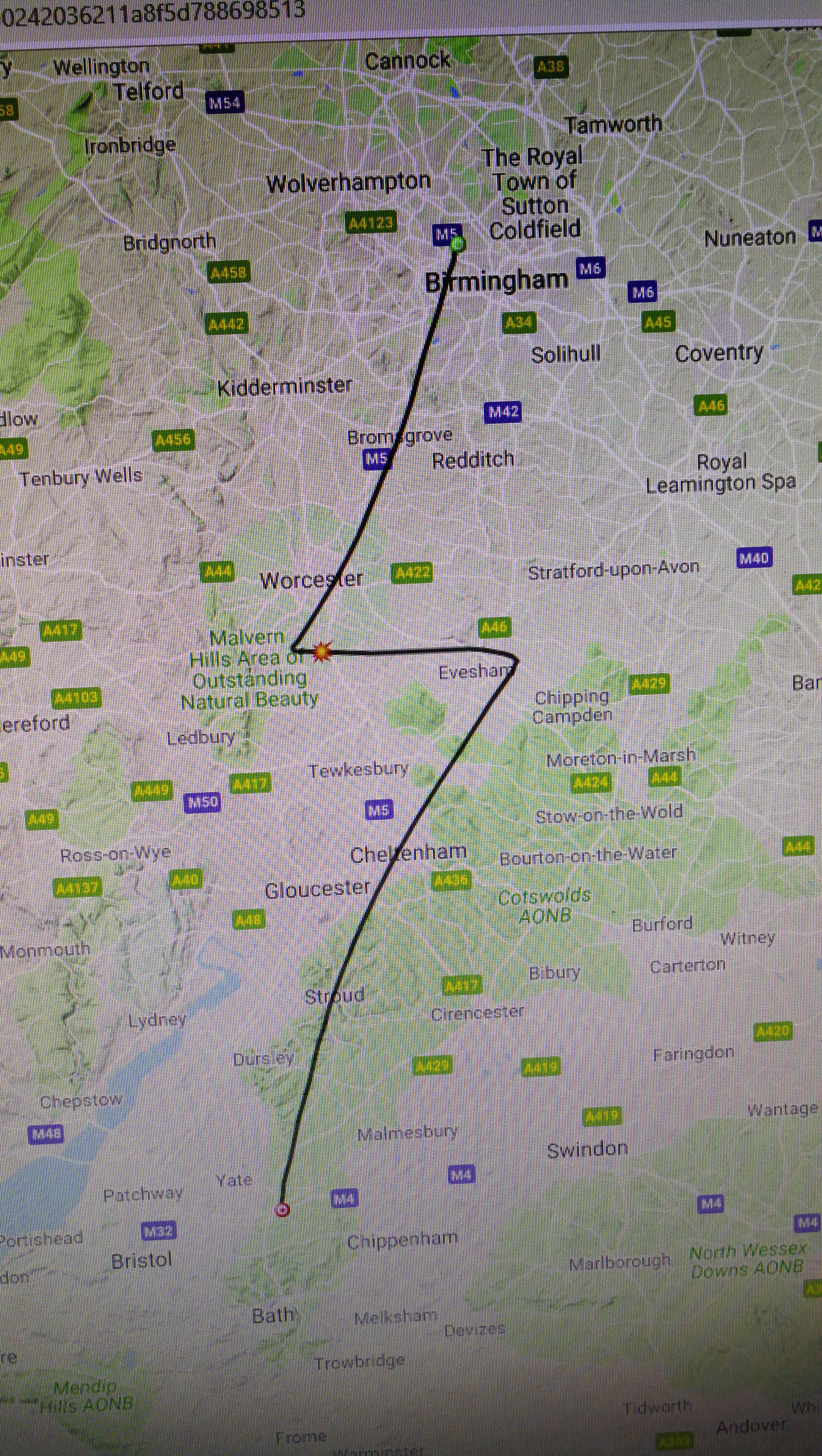 Route followed by the helium balloon after take-off near Bath to recovery 100 miles away near Birmingham