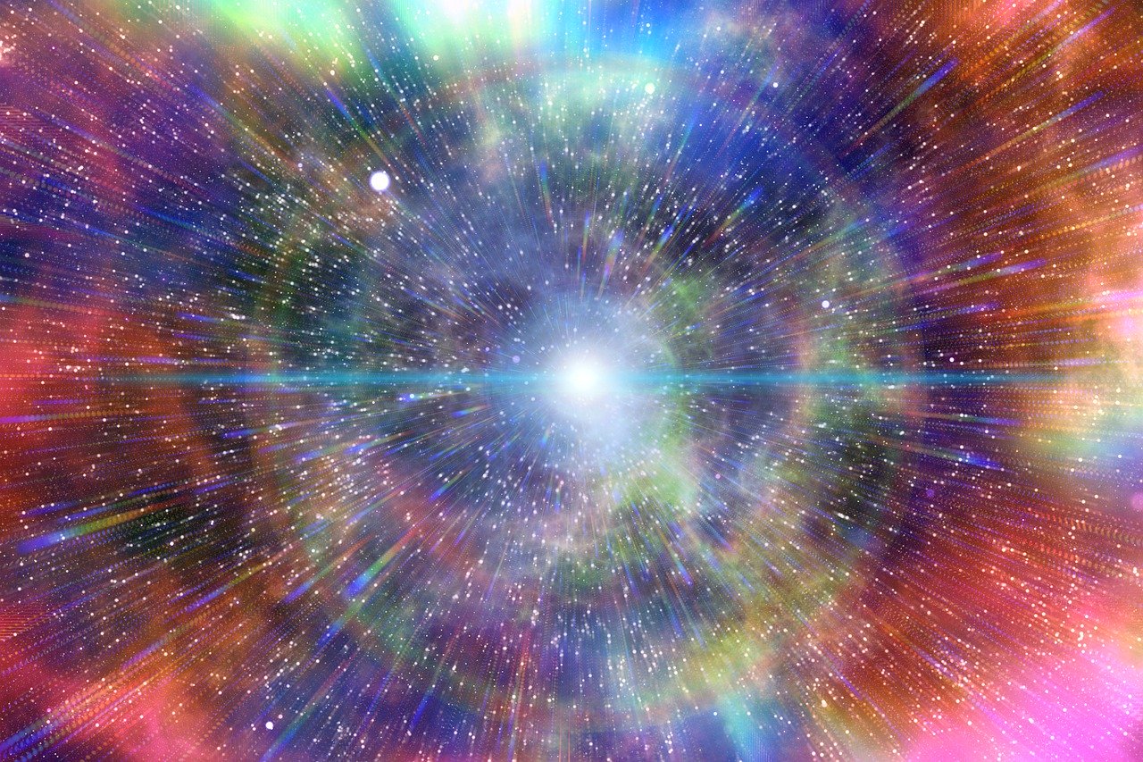 这是一幅在太空中旅行的艺术图像，星星经过，周围环绕着明亮的色彩，中间有一颗明亮的星星