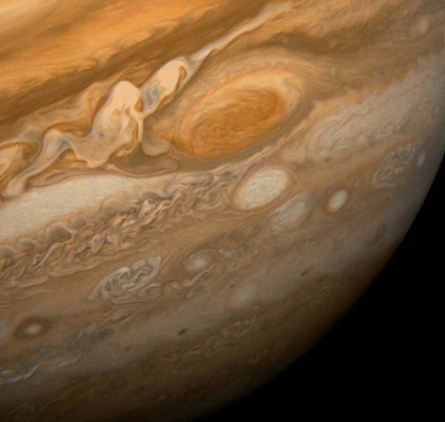 The Great Red Spot as seen from Voyager 1 This dramatic view of Jupiter's Great Red Spot and its surroundings was obtained by Voyager 1 on February 25, 1979, when the spacecraft was 5.7 million miles (9.2 million kilometers) from Jupiter. Cloud...