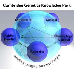 遗传学知识的五大领域:临床;商业;伦理、法律和社会;科学;和公共卫生在剑桥遗传知识园内汇聚在一起，造福社会