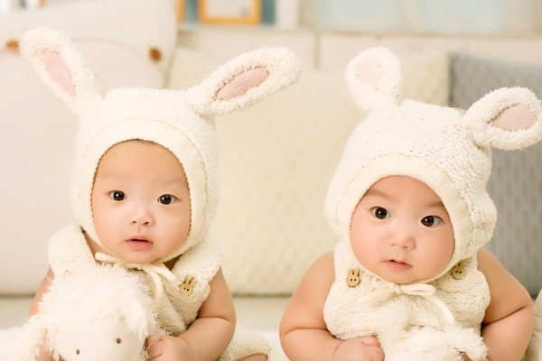 穿着兔子装的双胞胎宝宝。