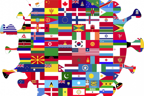 用世界各地的旗帜绘制的冠状病毒粒子
