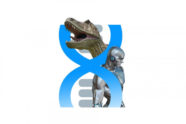 一个DNA链周围的一个机器人和一只恐龙。