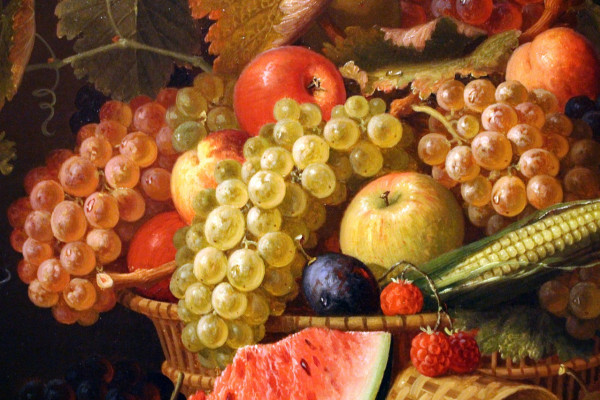 一幅静物油画，画的是装满水果的篮子。