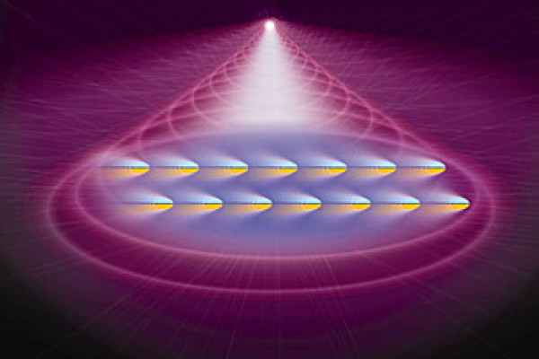 这幅艺术家的概念图显示了玻色-爱因斯坦凝聚体(BEC)中的原子被激光推动。