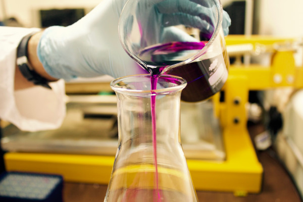 一位戴着手套的科学家将紫色液体从烧杯倒入锥形烧瓶中。