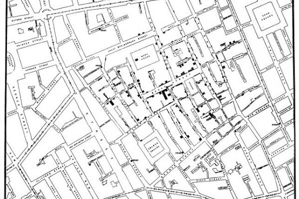 约翰·斯诺于1854年绘制的原始地图，用来追踪霍乱流行的根源。