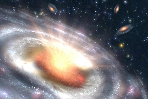 在这个艺术家的概念图中，可以看到一个正在成长的黑洞，被称为类星体，位于遥远星系的中心。