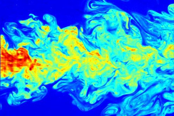 一个false-color image of the far-field of a submerged turbulent jet, made visible by means of laser induced fluorescence (LIF).