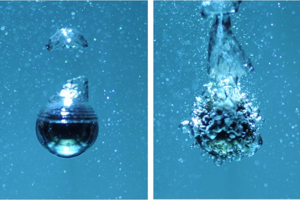 一个2厘米的加热钢球在沸水中冷却的图像。在左边的图像中，球体处于薄膜沸腾状态或被蒸汽层包裹的莱顿弗罗斯特状态。在右图中，球体温度下降，冷却系统切换到…