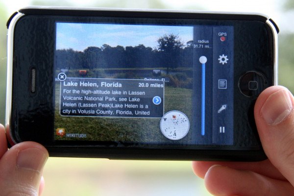 iPhone using the Wikitude application, demonstrating an example of Augmented Reality