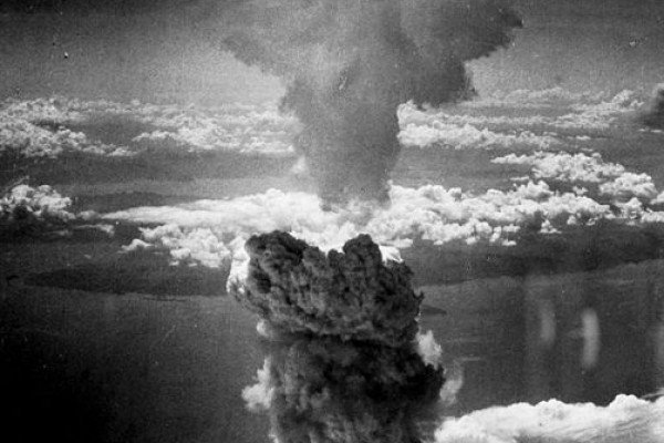 The mushroom cloud over Nagasaki in World War 2.