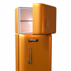橙色的冰箱，上面的冰箱门半开着