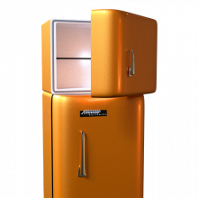 橙色冰柜，上面的冰柜门半开着