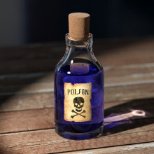 一个瓶子上标有骷髅和交叉的骨头，还有“毒药”这个词，里面装着一种深紫色的液体