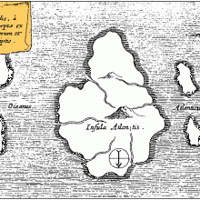 Athanasius Kircher的亚特兰蒂斯地图，将其置于大西洋中央，出自1669年阿姆斯特丹出版的《地下世界》。这张地图的方向是南方在上方。