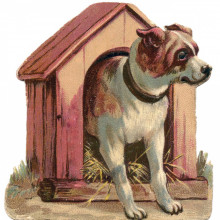 一只狗从狗窝里出来的复古插图
