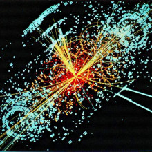 欧洲粒子物理研究所(CERN)的大型强子对撞机(LHC)的模拟事件。这个模拟描绘了在CMS实验中两个质子碰撞后希格斯粒子的衰变。