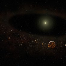 艺术家对TYC 8241 2652系统的概念化，因为它现在可能出现在大部分周围的尘埃消失之后-基于双子座天文台和其他地面和太空天文台的观测。