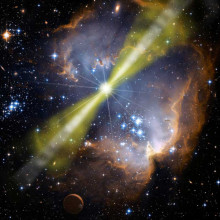艺术家对明亮伽马射线暴GRB 080319B模型的图示。爆炸高度发射到两个双极射流中，狭窄的内射流被较宽的外射流包围。